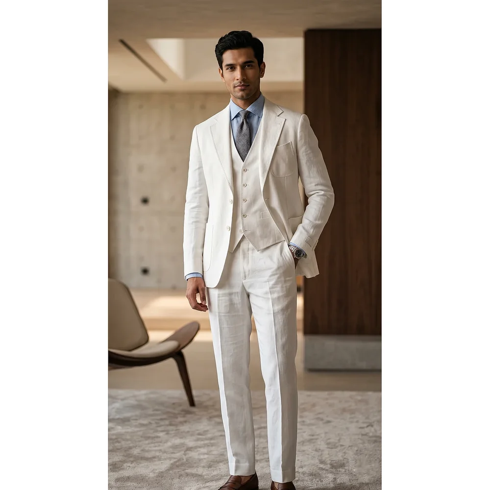 Off-White Linen Three-Piece Suit, Custom Size - Textiles & Apparel by G M Apparels