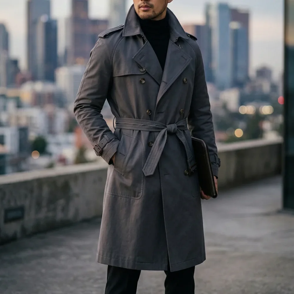 Men’s Charcoal Double-Breasted Trench Coat - Textiles & Apparel by G M Apparels