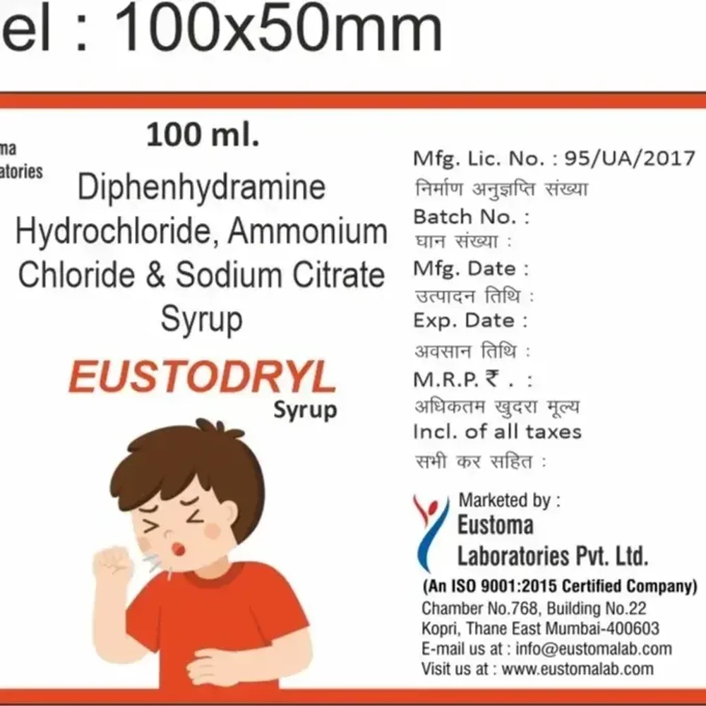 Eustodryl Suspension 100ml (diphenhydramine (14.08mg/5ml) + Ammonium Chloride (138mg/5ml) + Sodium Citrate (57.03mg/5ml) - Healthcare & Medical by Eustoma Laboratories Pvt. Ltd.