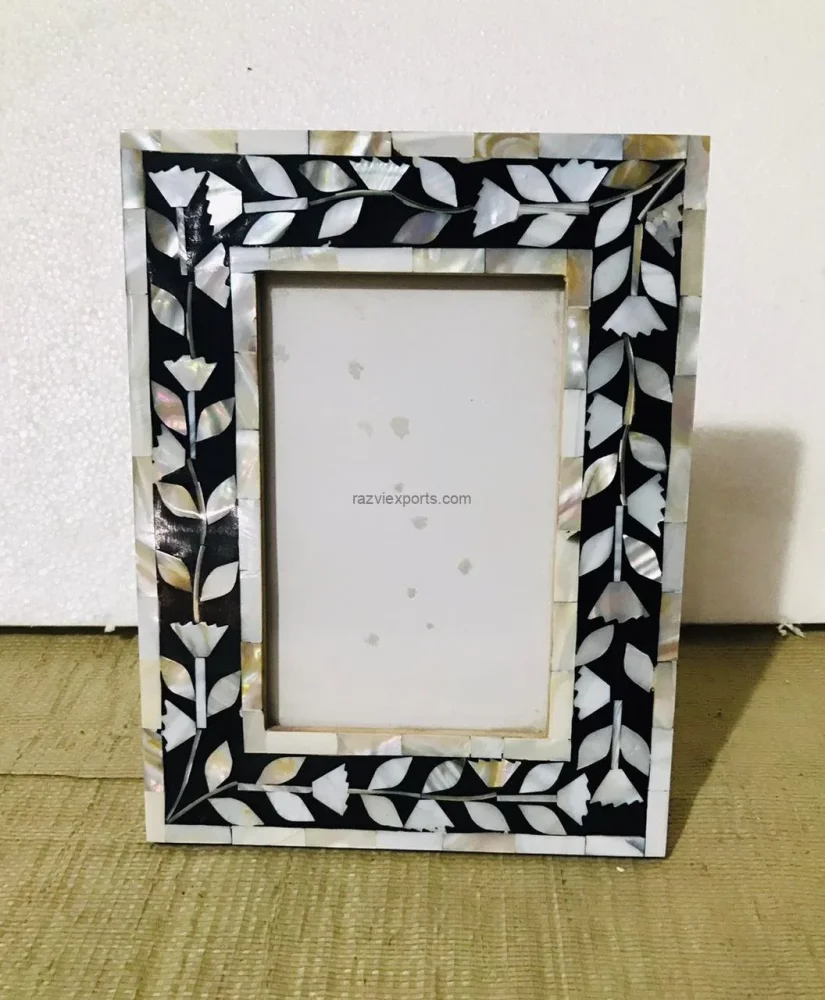 Mother of Pearl Photo Frame with Black Floral Design - Home & Kitchen by Razvi Exports
