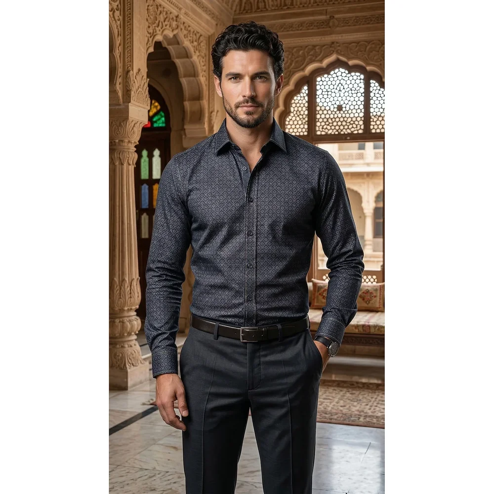 Men's Slim Fit Geometric Print Button-Down Dress Shirt - Textiles & Apparel by G M Apparels