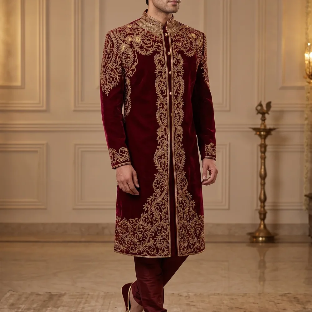 Maroon Velvet Hand-Embroidered Sherwani - Textiles & Apparel by G M Apparels