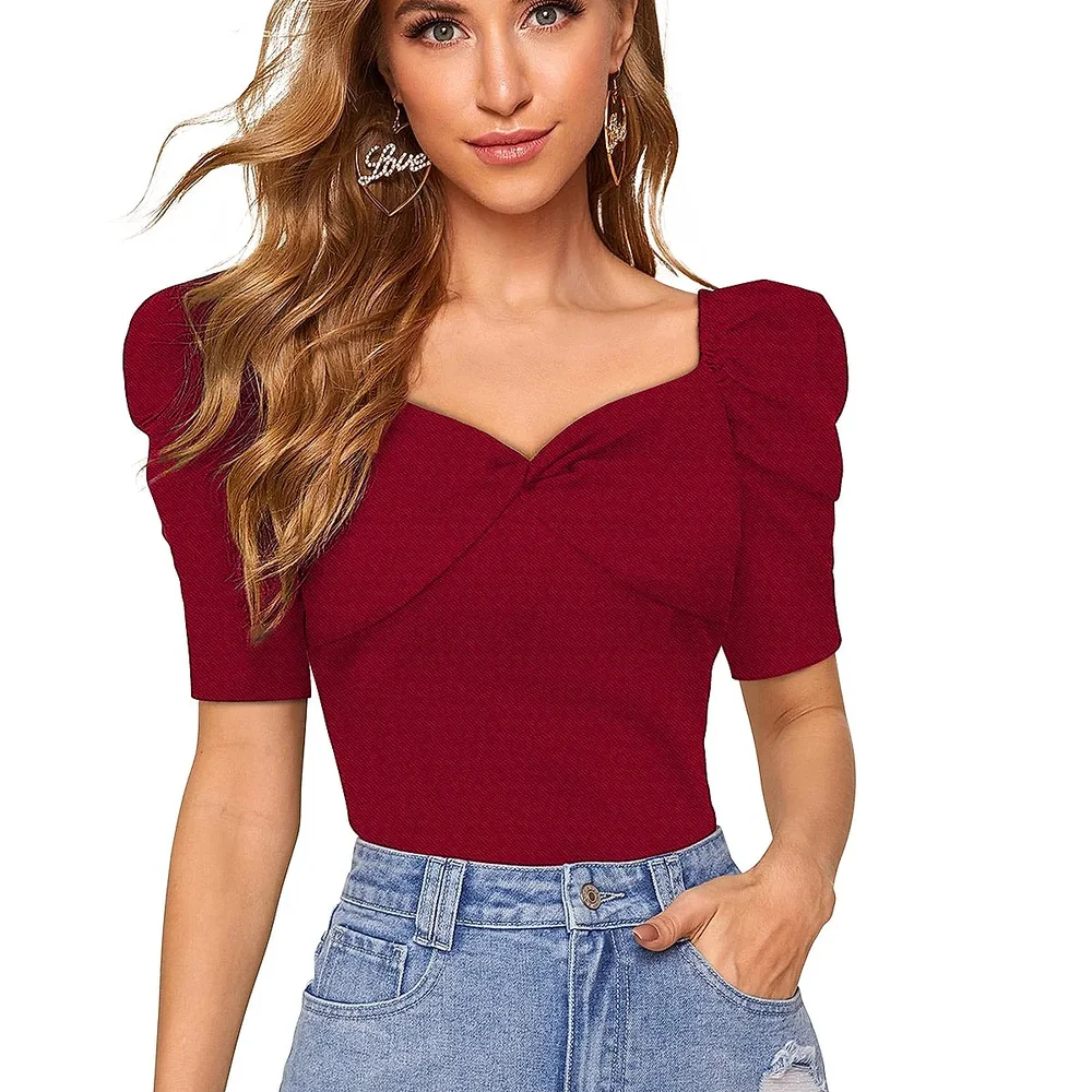 Maroon Sweetheart Neck Puff Sleeve T-shirt - Textiles & Apparel by Cara Exim