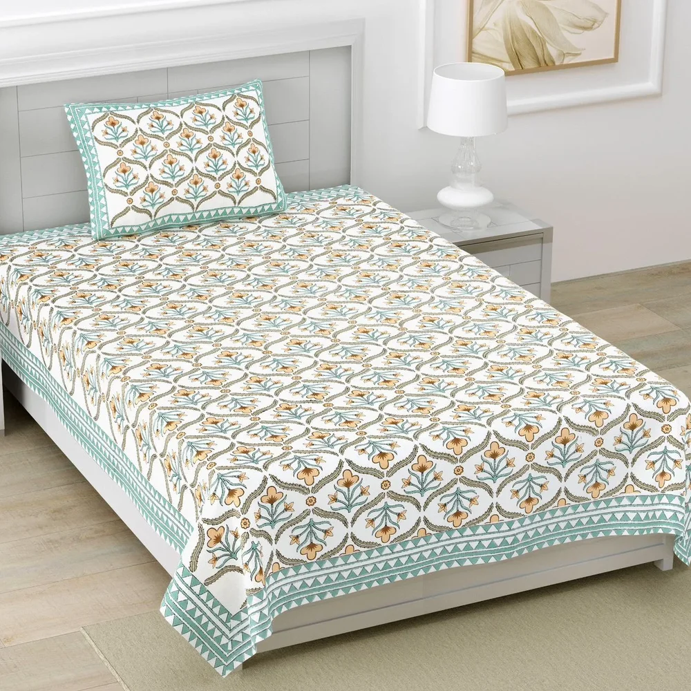 Teal Floral Screen Print Pure South Cotton Single Bedsheet 60x90 Inch - Textiles & Apparel by Shriex Enterprises