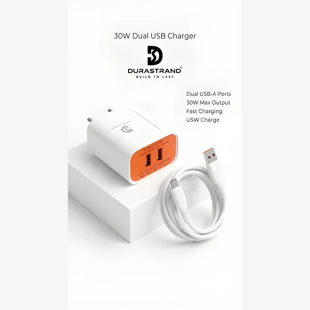 Durastrand 30W Dual USB-A Fast Charger with Data Cable - Electronics & Electrical by Syncore Technologies