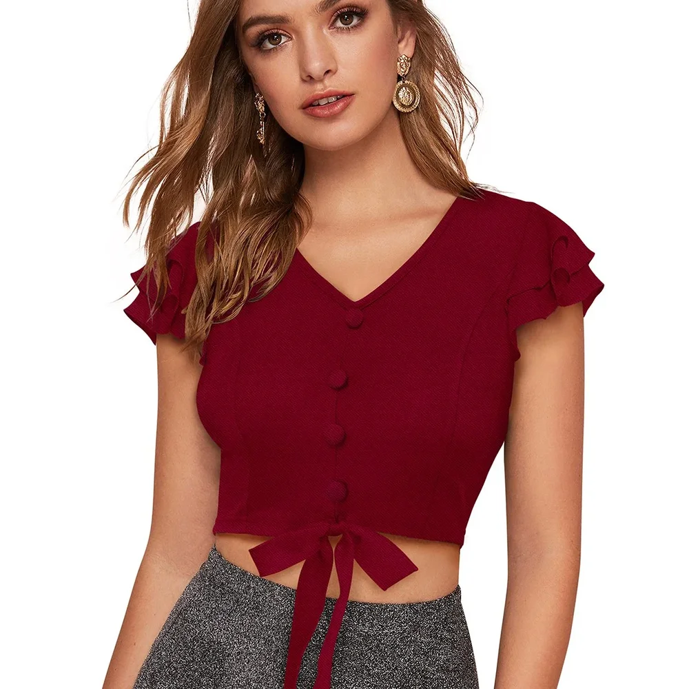 Maroon Solid Short Sleeve V-Neck Crop Top - Textiles & Apparel by Cara Exim