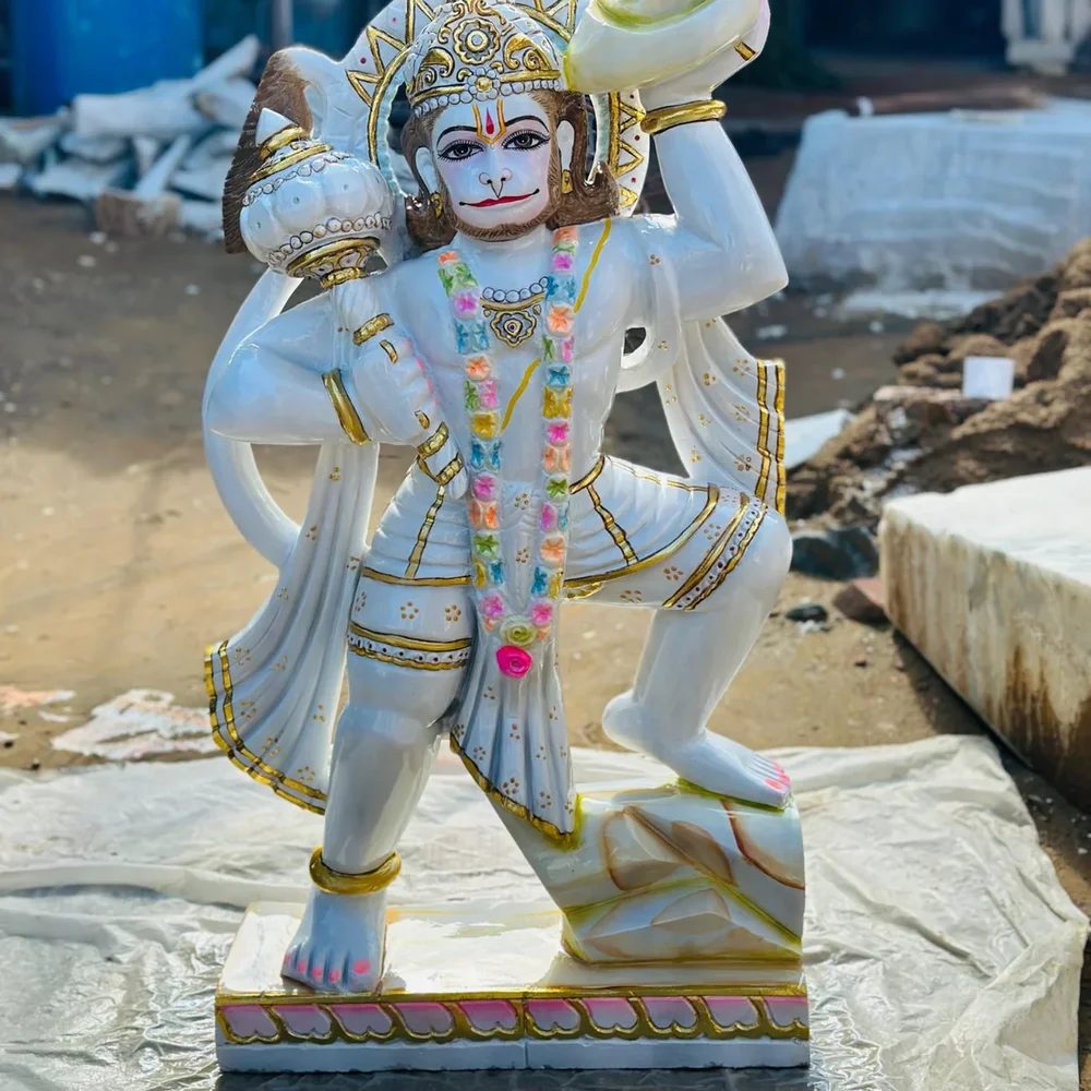 Handcrafted White Marble Hanuman Murti with Gold Plating - Handicrafts & Gifts by Bharat Murti Art