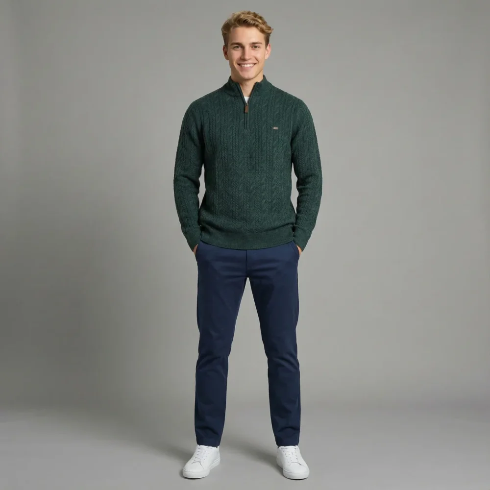 Men's Cable Knit Quarter-Zip Sweater – Bottle Green - Textiles & Apparel by Dhibbhagiri Inc.