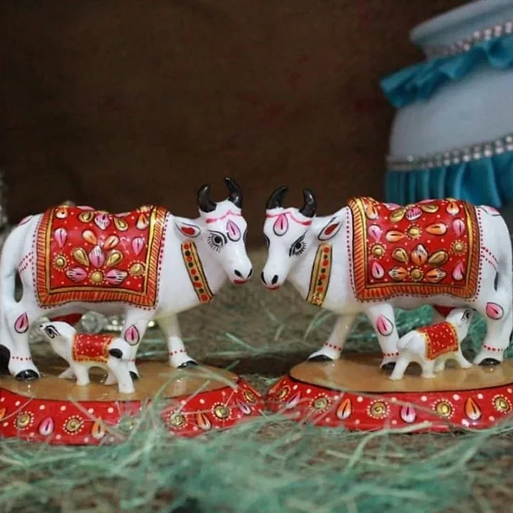 Metal Kamadhenu Cow and Calf Figurine - Handicrafts & Gifts by Lav Craft