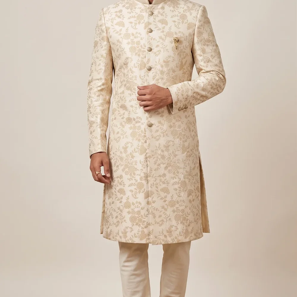 Cream Floral Jacquard Men’s Sherwani - Textiles & Apparel by G M Apparels