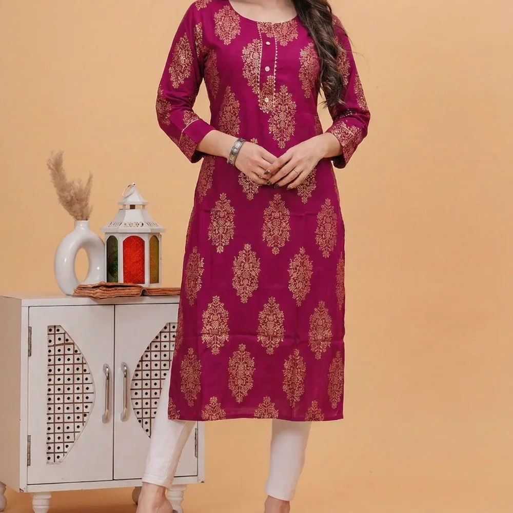 Rayon Gold Printed Straight Kurti - Textiles & Apparel by Ushaa Creation