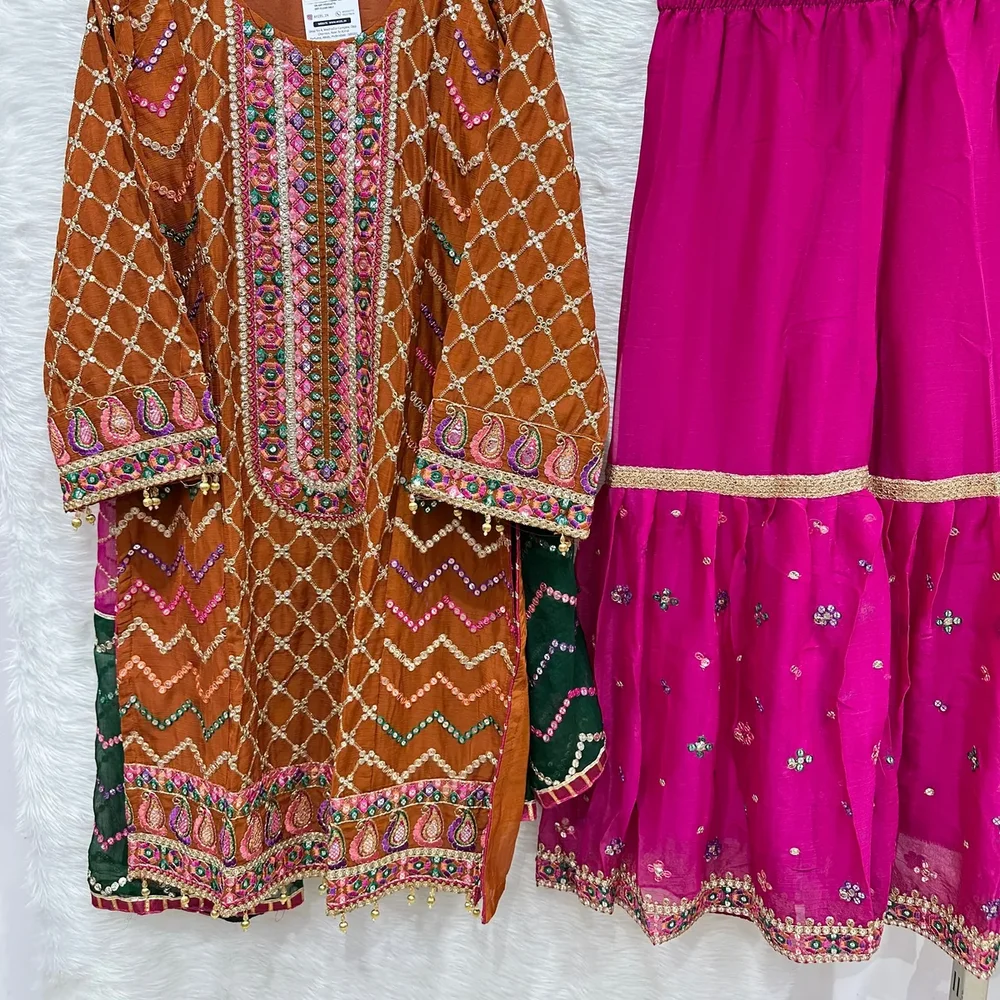 Heavily Embroidered Raga Chiffon Kameez Dupatta with Chiffon Silk Gharara - Textiles & Apparel by Ayzel Pvt. Ltd.