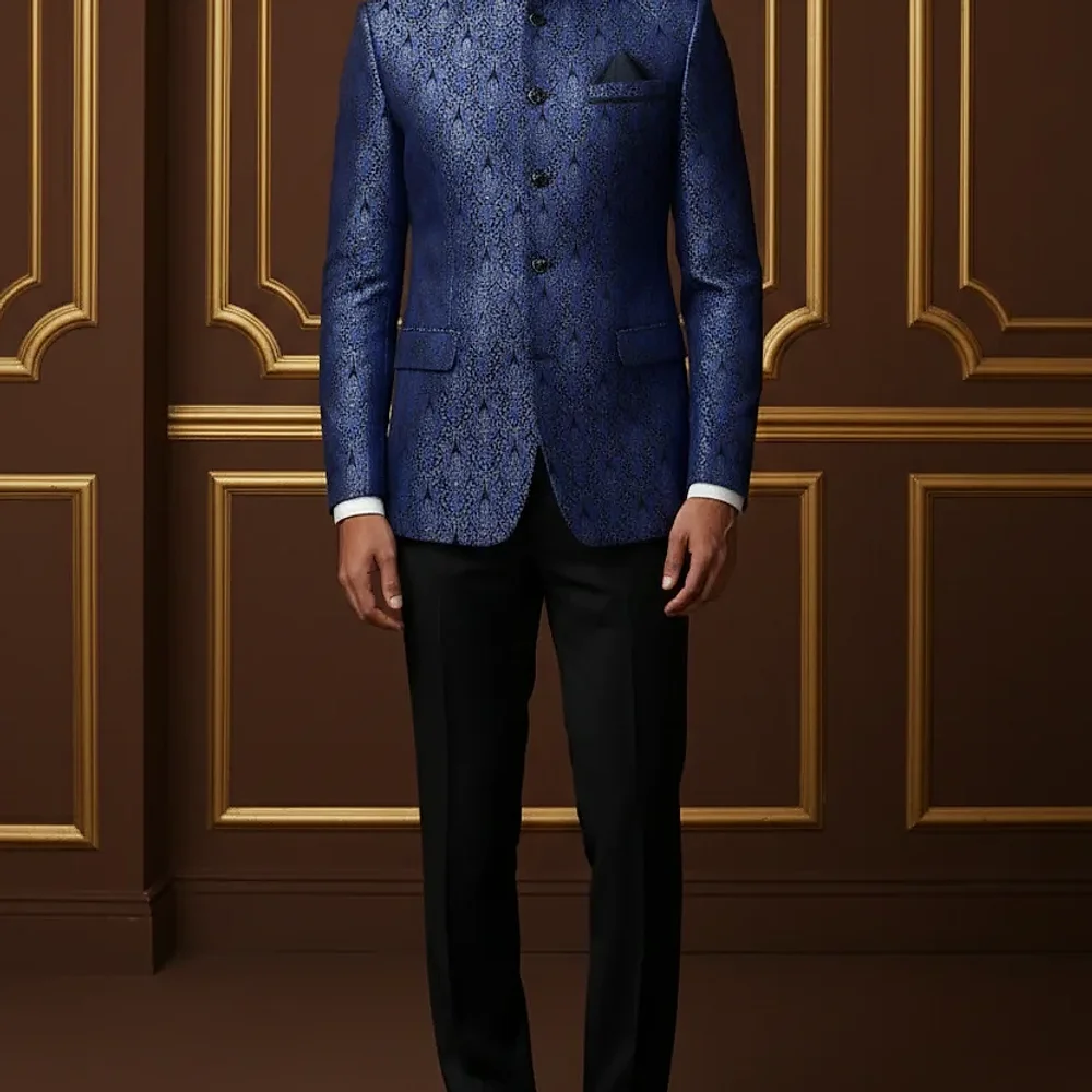 Royal Blue Brocade Bandhgala Suit Jacket - Textiles & Apparel by G M Apparels