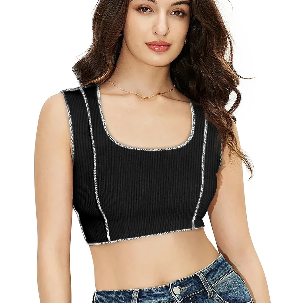 Sleeveless Solid Black Square Neck Crop Top - Textiles & Apparel by Cara Exim