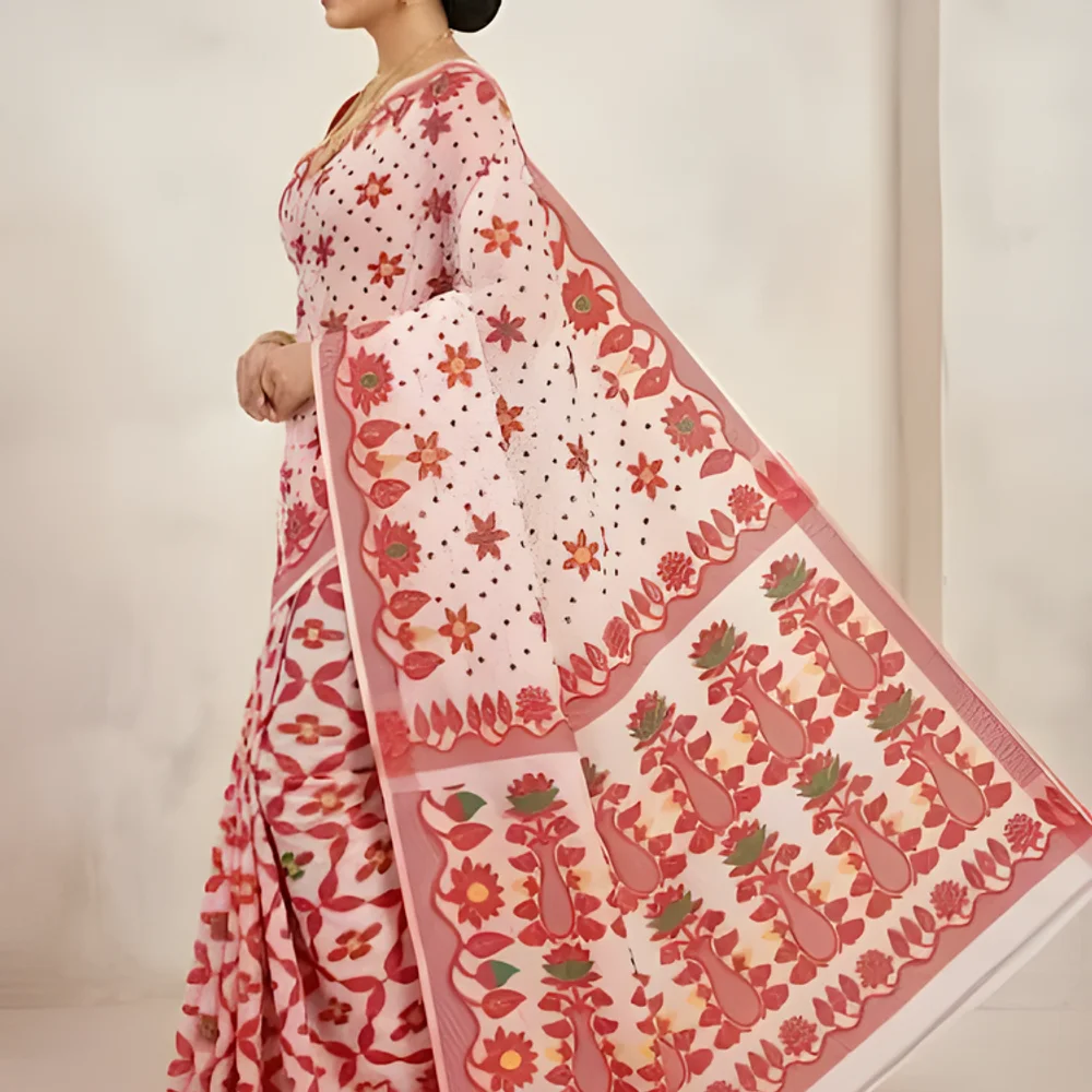 Exquisite Royal White & Crimson Jamdani Silk Saree - Textiles & Apparel by Legion Fashion Pvt. Ltd.